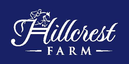 A blue and white logo for hillcrest farm.